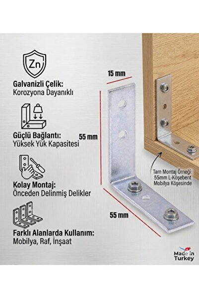 Plasfire Galvanizli Çelik L-Köşebent - 55x55x15mm (4 Delikli) - Mobilya ve Ra...