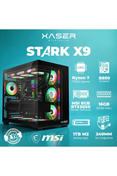 XASER STARK X9 Ryzen 7 7700X 16GB Ram 1TB M.2 NVMe SSD 8GB RTX5050 Sıvı Soğut...