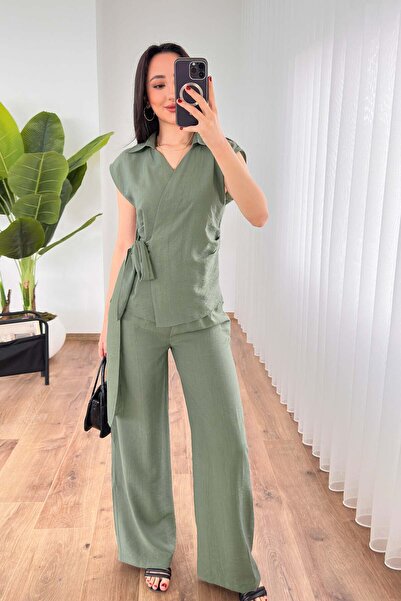 Hipo Trend Beli Belted Blouse Pants Khaki Set