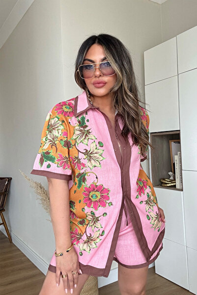 Sohotique By P Alms Model Keten Çiçekli Şortlu Takım Pembe