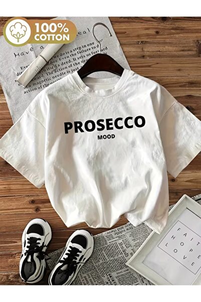 AEMİ Μπλουζάκι Unisex Prosecco με στάμπα, μεγάλου μεγέθους, με λαιμόκοψη ποδη...