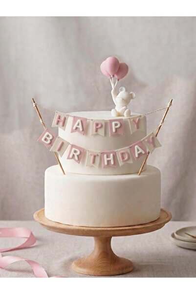 Home Doğum Günü Pasta Süsü Seti - İpli Happy Birthday Banner ve Balonlu Ayıcı...