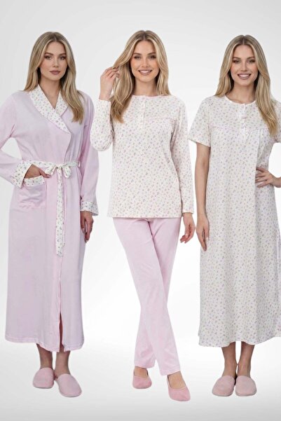 Mecit Pijama Mecit 6385 Pink Large Size Women's Dressing Gown Pajamas and Sho...
