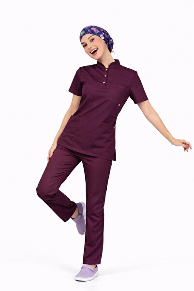 BAŞARAN UNİFORMA Likralı Mürdüm Slim Fit Premium Scrubs