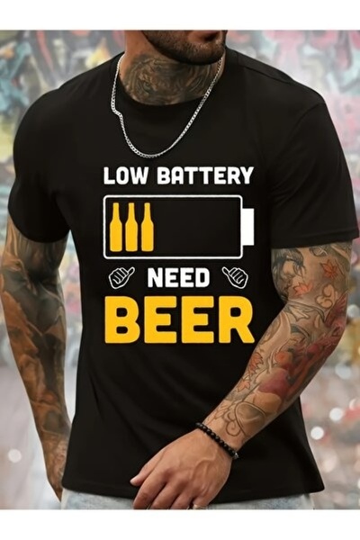 Sovae تي شيرت رجالي مطبوع عليه Low-battery، برقبة دائرية، وأكمام قصيرة، gra