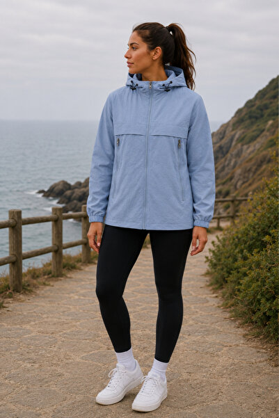 Women's Blue Hooded Slim Seasonal Lined Windbreaker Casual Sports Jacket with Zipper