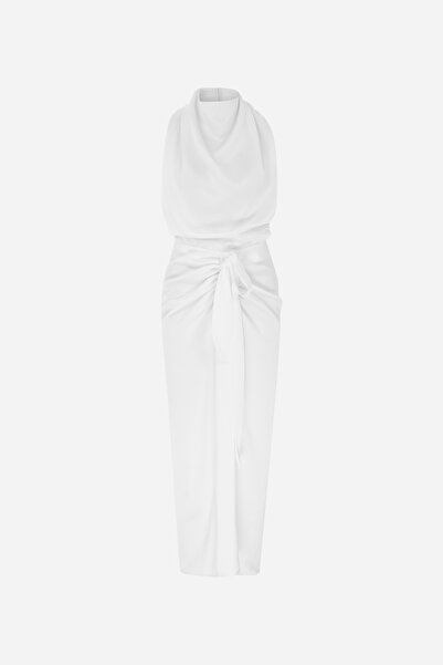 ILA THE BRAND Aries-Satin Midi Dress With Open Back in White