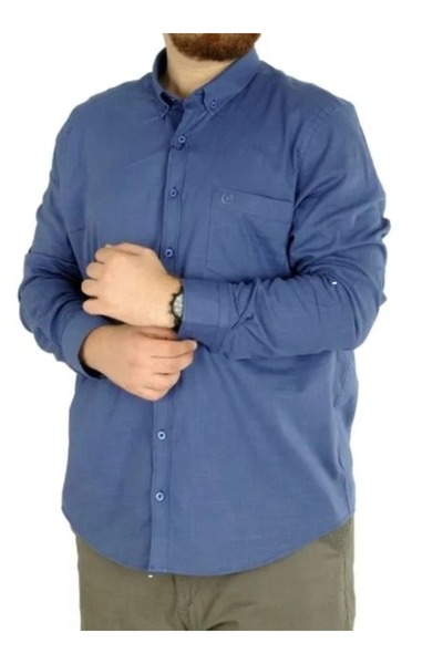 cusseli Large Size Men's Long Sleeve Linen Pocket Shirt C20386 Indigo