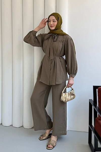 Modaensarbutik Yaka Bağlamalı Gömlek Pantolon Tesettür Takım-HAKİ YEŞİL