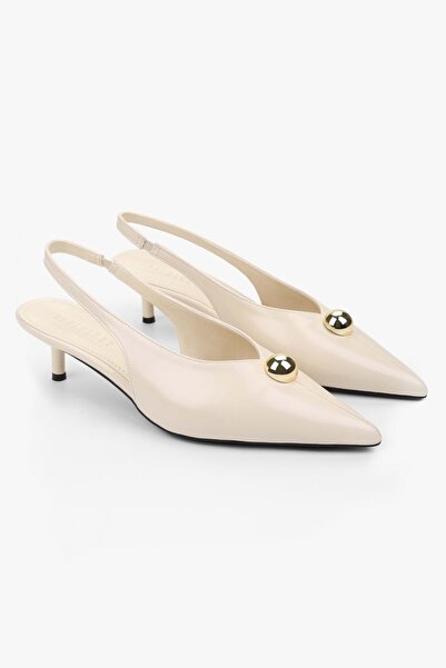 Shoeberry Women's Kaelis Ecru Skin Gold Buckle Detailed Mini Heeled Stiletto