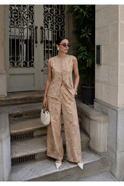 OYERGA MODA Kadın Çiçek Desenli Premium Kalite Yelek Pantolon Takım