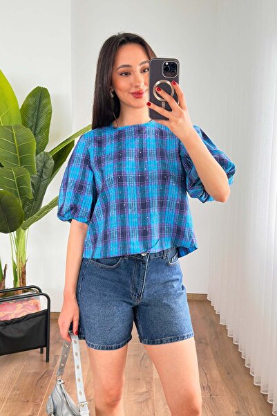 Hipo Trend Square Patterned Blue Blouse with Elastic Sleeves