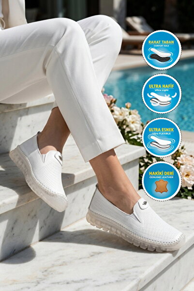 AYAKMOD White Genuine Leather Women's Casual Shoes 22385 Z