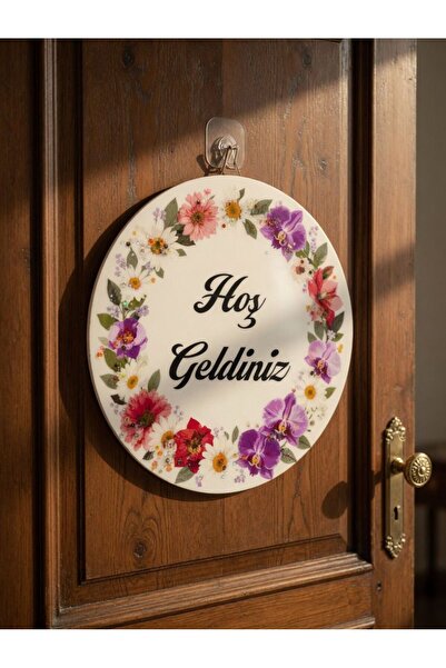 Modern Epoksi-Ahşap Kapı Süsü Hoşgeldiniz Yazılı – El Yapımı Epoksi Dekor -Çiçek Detaylı