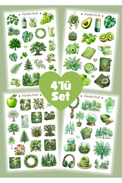 Handeto Kraft 4'lü Green Aesthetic Sticker Set, Çıkartma, Scrapbook, Bullet J...