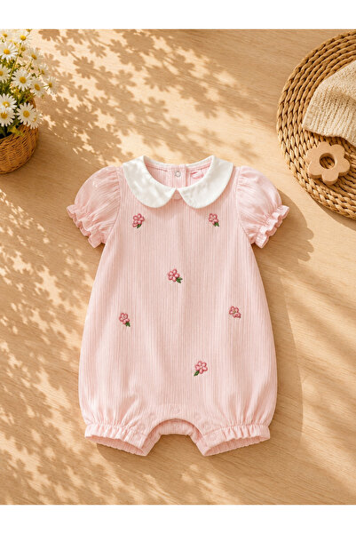 JOYOLA Kız Bebek Pembe Nakışlı Yakalı Yazlık Tulum 3 6 9 12 Ay