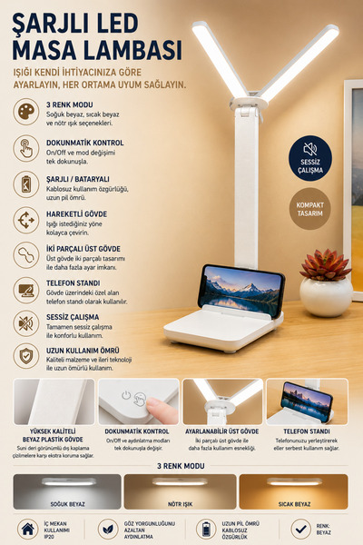 Rechargeable led Desk Lamp – Dual Light Bar, Table Lamp with 3 Color Modes, Touch Control, Foldable and Phone Stand