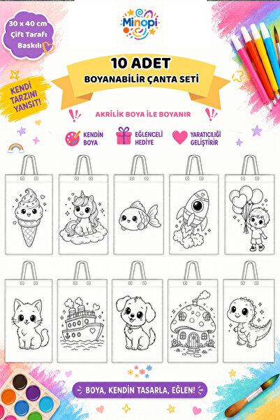 Minopi 10'lu Boyanabilir Bez Çanta Seti 30x40 Cm Çift Taraflı Baskılı Çocuk A...