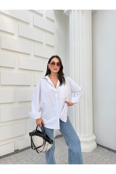Myra Fashion Oversize Poplin Gömlek Çift Cepli Geniş Kesim Uzun Kol Bluz Kadı...