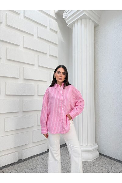 Myra Fashion Çizgili Dantel Detaylı Oversize Gömlek Fisto İşlemeli Geniş Kesi...