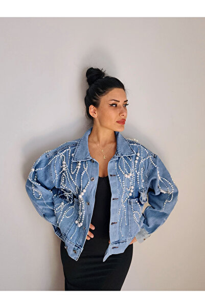 RENGARENG Kadın Tasarım Denim Ceket İnci ve Taş İşleme Detaylı Mavi Oversize ...
