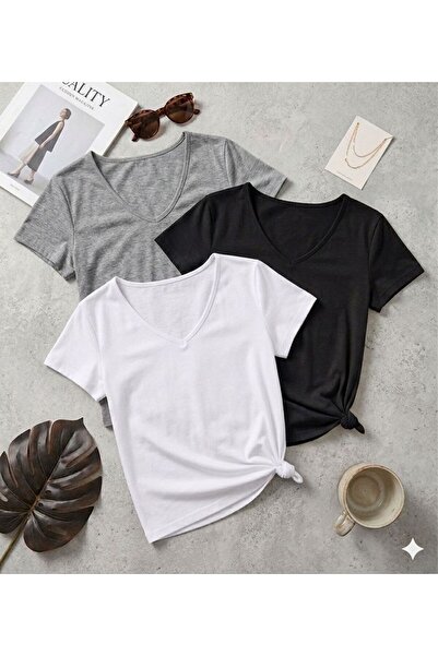 FAVORİST 3 Pieces of Plain Regular Fit (V-Neck) Women's T-Shirts