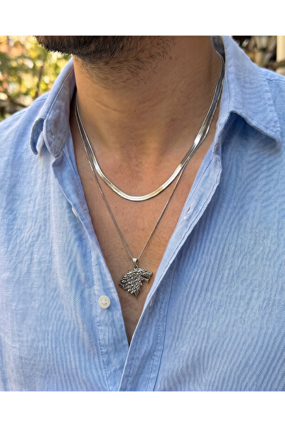 Gleemy accesories طقم قلادة رجالية من الفولاذ المقاوم للصدأ باللون الفضي مع ش...
