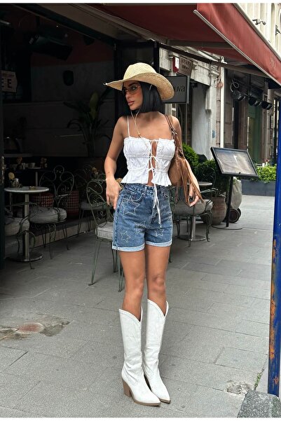 GLAMMOSS L'Atelier Pantaloni scurți din denim cu cristale strălucitoare GLM-467