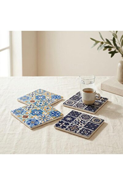 Nobrand Set 4 Suporturi Pahare din Ceramică 10x10 cm, Model Mozaic Mediterane...