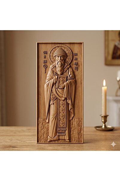 OEM Icon carved in solid oak wood – Saint Hierarch Spyridon – 30 x 13 cm