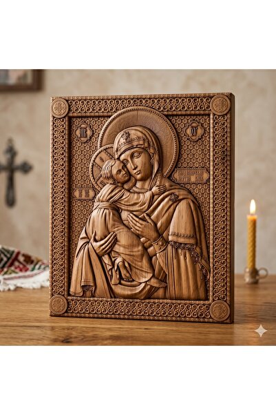 OEM Icon carved in solid oak wood – Mother of God and Jesus Christ – 30 x 25 cm