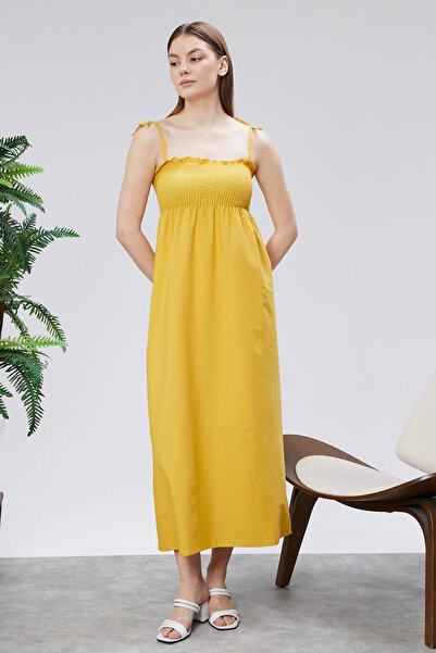 Modabenna Patterned Cotton Long Summer Dress with Straps, Shoulder Tie, Gathe...