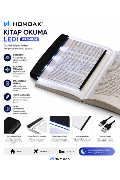 Hombak Premium LED svetlo za čitanje knjiga – Prenosivo svetlo za knjige, pri...