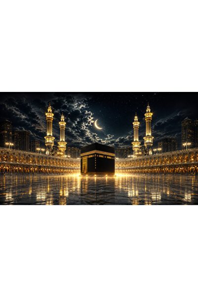 Lona Sanat ULTRA Premium Kabe Tablosu Gece Görünümlü Siyah Gold İslami Duvar ...