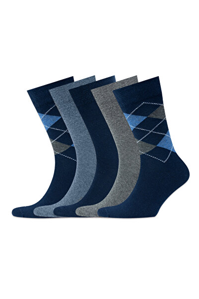 KNITON Combed Cotton Navy Blue Color Diamond Patterned Men's Socks 5 Pairs Pr...