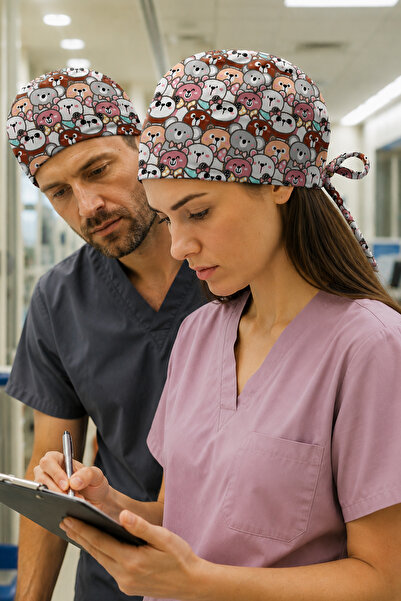 Lion Üniforma Sevimli Ayılar Desenli Unisex Cerrahi Bone Hemşire ve Doktor Bone