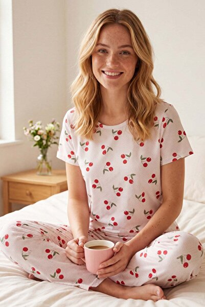 Niket Life Women's Tiny Cherry Patterned Crew Neck Short Sleeve Long Bottom C...