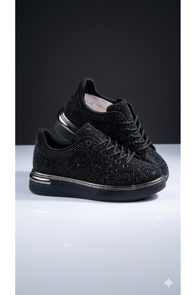 BLACK TAŞLI İPLİ KALIN TABAN ORTOPEDİK SPOR SNEAKERS AYAKKABI