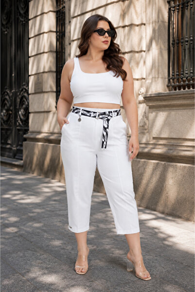 ZANESSİ FASHION Plus Size Belted High Waist Below Knee Denim Women's Capri