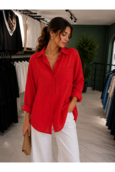 Becha Butik Kadın Rahat Kalıp Ön Cepli Keten Gömlek