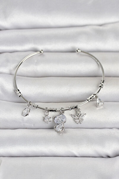 Eco Lounge Silver Color Brass Cat Detailed Charm Women's Bracelet