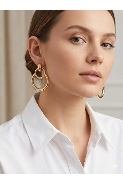beyna aksesuar Double Ring Gold Plated Earrings 4.5 cm