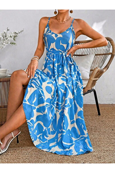 Efnaz style Women's Rope Strap V-Neck Long Patterned Single Jersey Dress with...