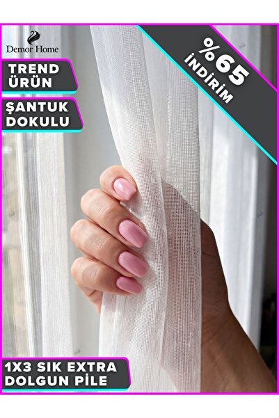 Demor Home Premium Yoğun Şantuklu Tül Perde 1/3 Gerçek Sık Pile Ütü İstemez