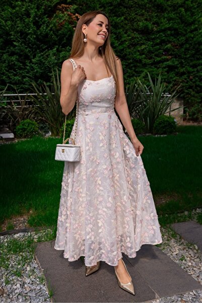 zoezoe Deniz Tasarım Pembe Çiçek Aplike Kloş Askılı Kadın Elbise