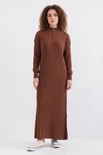 Generic Brand Women's Zippered Collar Ribbed Fabric Knitwear Brown Dress