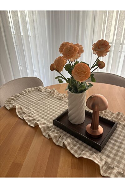 NURGİTA HOME Fırfırlı Vintage Duck Keten Kareli Runner &Dekoratif Örtü (40x13...