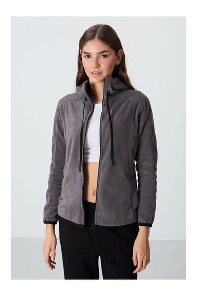 LC Waikiki Nevavm Dark Gray Thick Soft Textured Hooded Standard Fit Embroider...