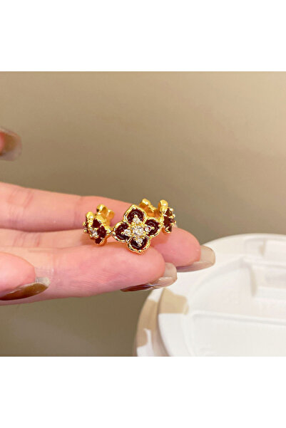 choice2 1 Vintage Red Enamel Clover Inlaid Rhinestone Flower Open Ring for Wo...