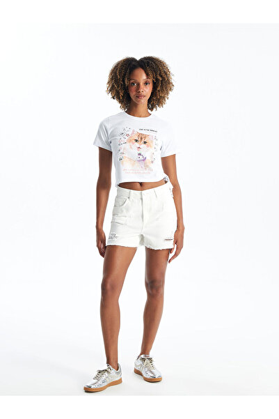 LC Waikiki Nevavm Standard Fit Ripped Detailed Women's Jean Shorts with a Dif...